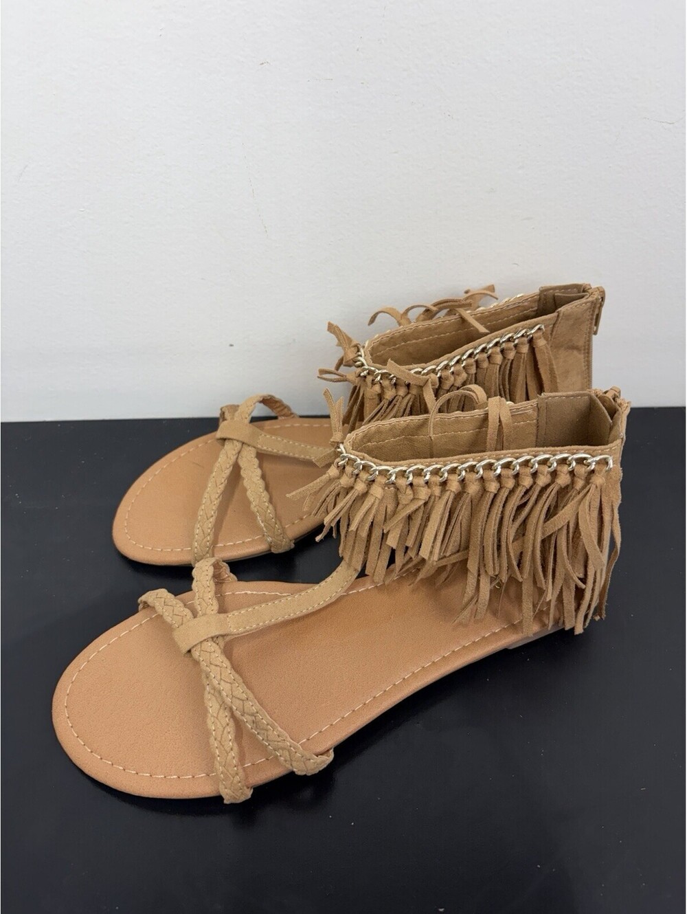 Fringed Sandals Women’s Size 10 - Qupid Braided T strap & Chain
